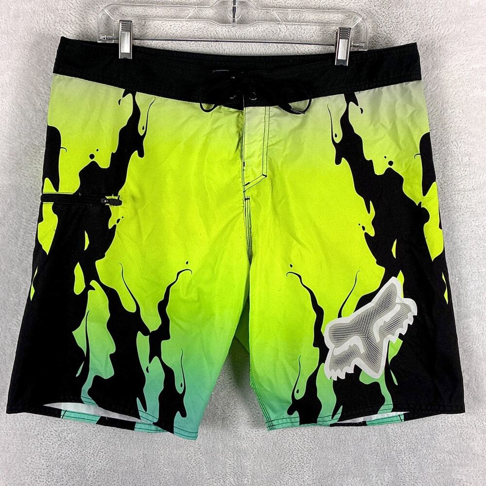 Vintage Fox Racing Board Shorts Mens 36 Neon Yellow Black Pyre Performance Beach